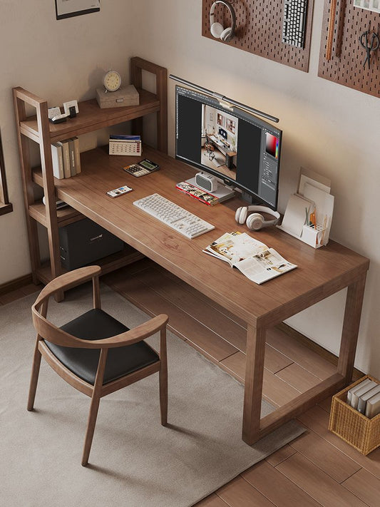 實木書桌帶書架一體桌學生家用臥室書房雙人寫字檯電腦桌辦公桌子