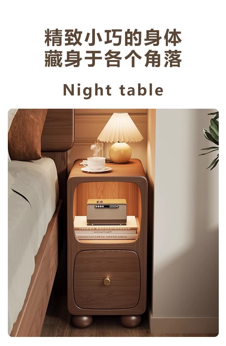 全實木夾縫牀頭櫃簡約現代家用臥室帶燈牀邊櫃無線充電小型窄櫃子