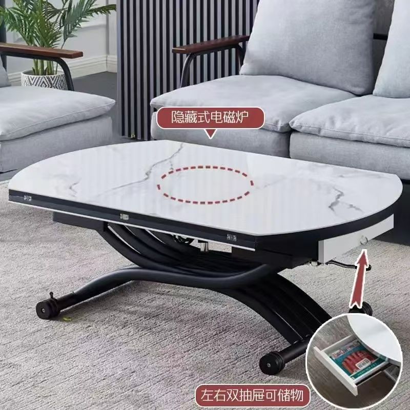 多功能升降茶几餐桌两用一体式小户型客厅圆形可移动折叠岩板家用