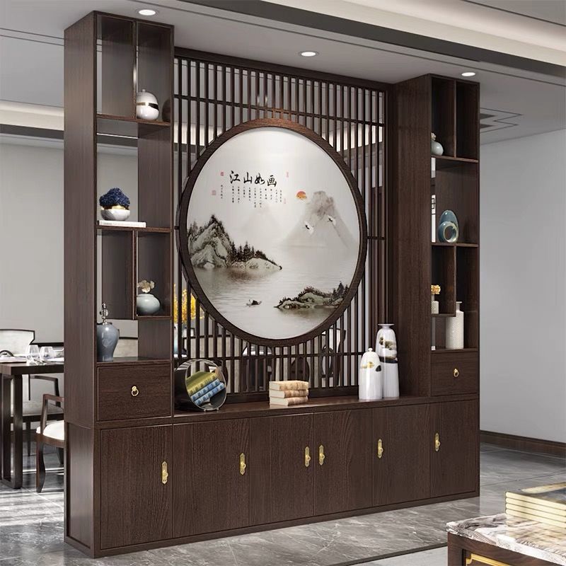 新中式客廳實木屏風隔斷辦公一體酒店大堂進門酒櫃玄關入戶隔斷櫃
