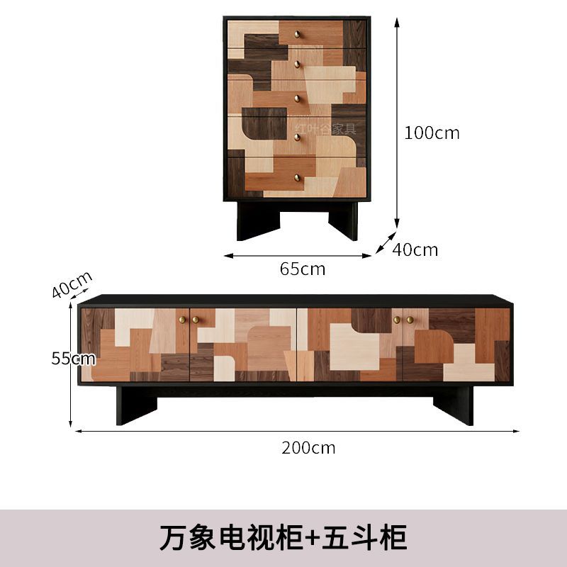法式復古風實木電視櫃家用靠牆落地儲物櫃客廳高級感拼色收納地櫃