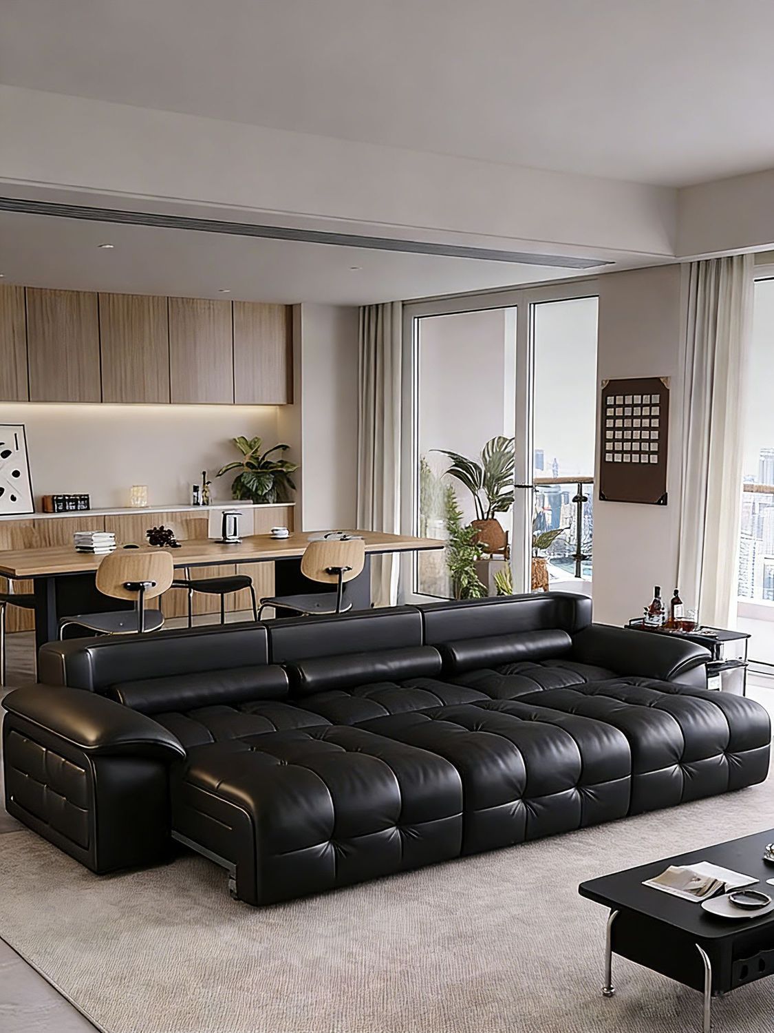 Montigni Smart Genuine Leather Electric Sofa, Light Luxury Mid-Century Caramel Block Design with Retractable Adjustable Functions