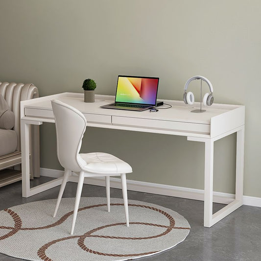 實木烤漆書桌梳妝檯一體桌極簡書房書桌小戶型電腦桌奶油風梳妝檯