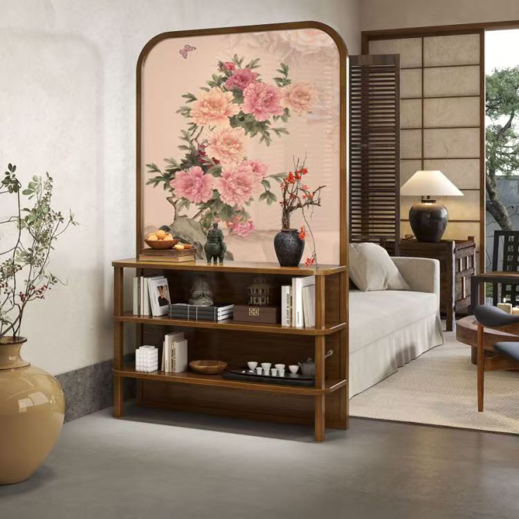 新款新中式花鳥入戶屏風隔斷客廳玄關移動遮擋裝飾實木置物架座屏