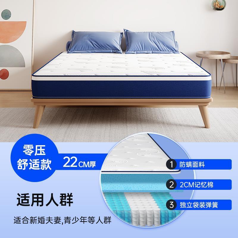 藍色記憶棉盒子壓縮捲包牀墊家用臥室乳膠獨立彈簧席夢思軟墊名牌