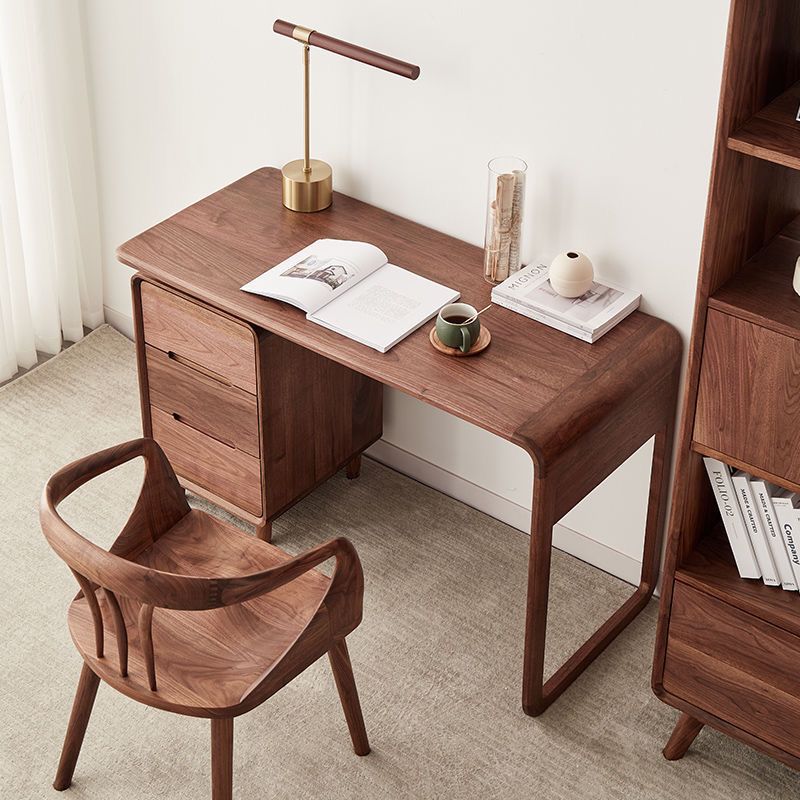 一體黑胡桃木書桌房間電腦桌網紅寫字檯書房全實木辦公桌新中式