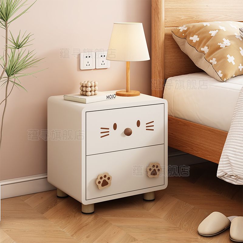 兒童牀頭櫃奶油風實木邊櫃卡通可愛收納櫃臥室邊幾創意儲物櫃小型
