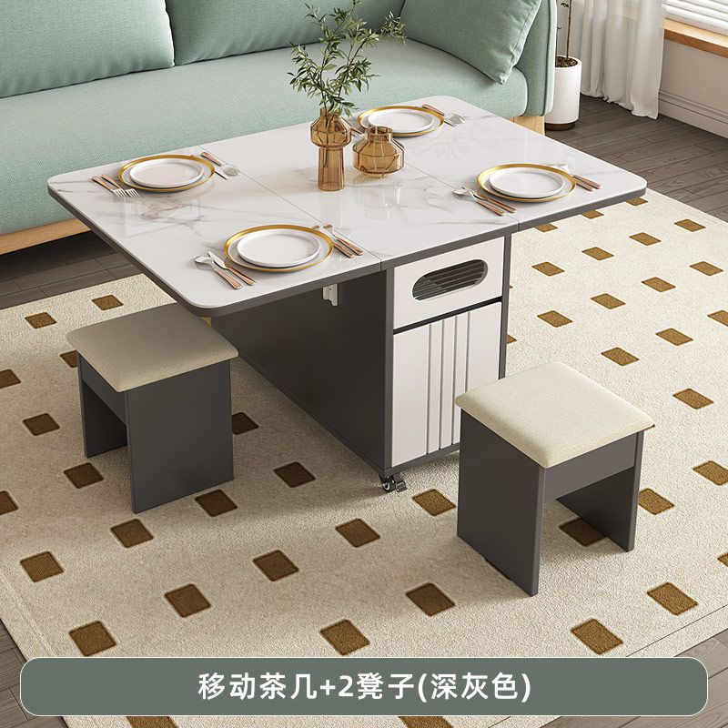 岩板茶几餐桌两用客厅沙发边几角几折叠边柜多功能小推车茶台窄桌