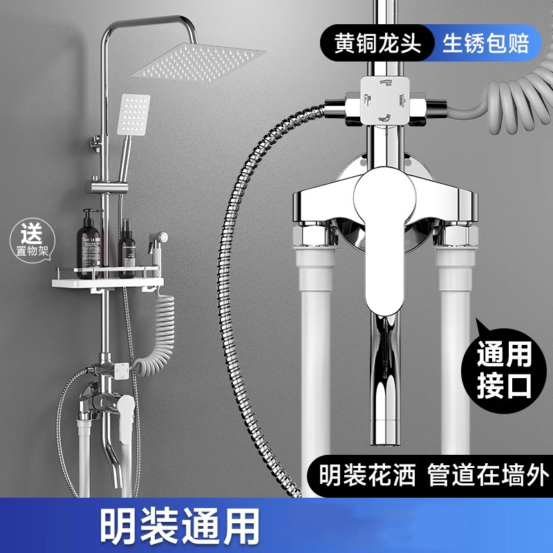 明裝淋浴花灑套裝通用一體雙出水家用浴室明管淋雨噴頭冷熱混水閥