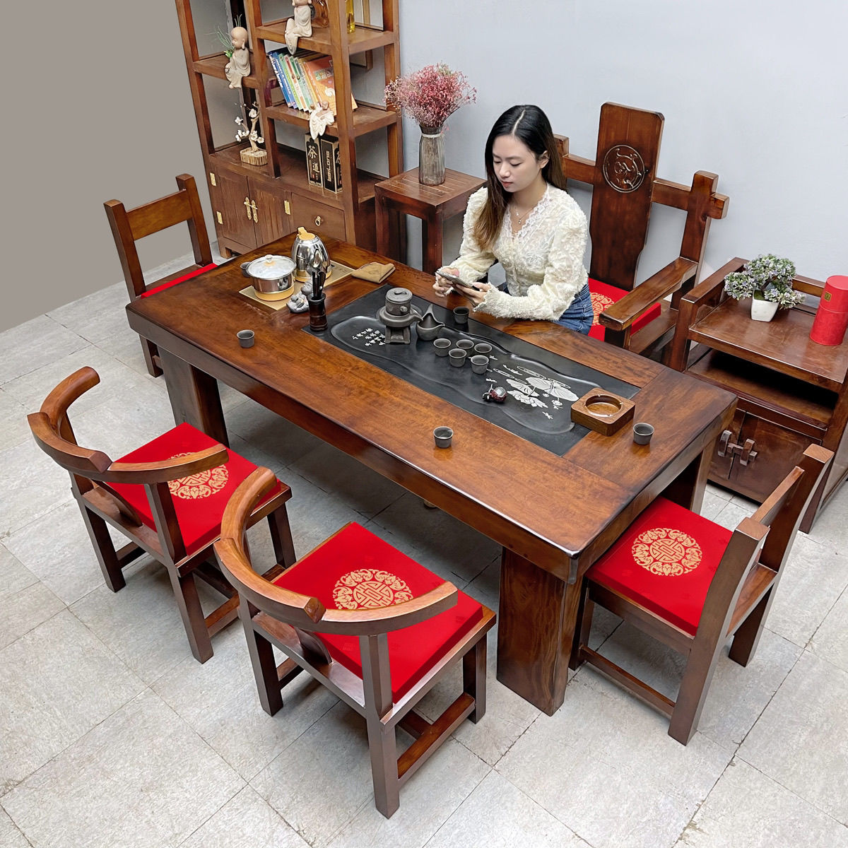 茶台实木老船木茶桌椅组合一桌五椅茶几泡茶桌子烧水壶一体办公室
