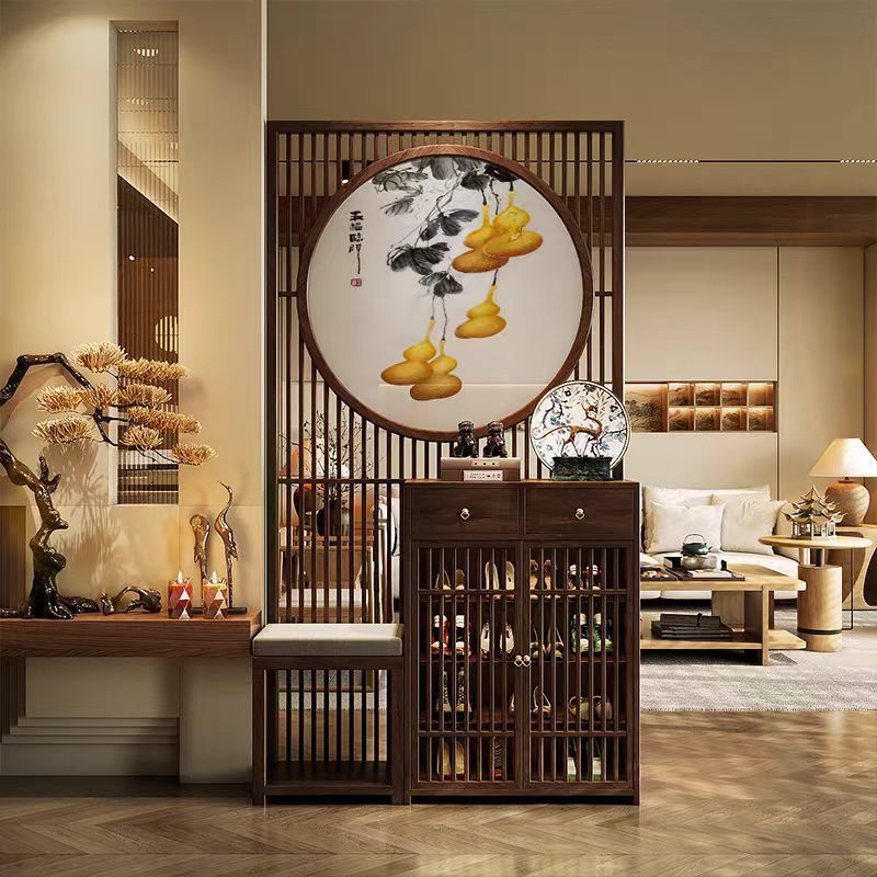 新中式刺繡圖案屏風隔斷客廳簡約現代禪意進門玄關換鞋櫃鏤空遮擋