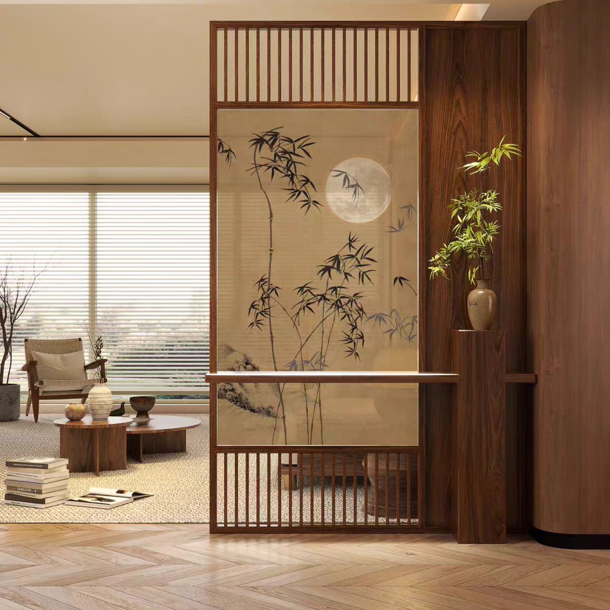 格柵隔斷屏風入戶玄關造景遮擋餐廳新中式宋代美學實木家用玄關