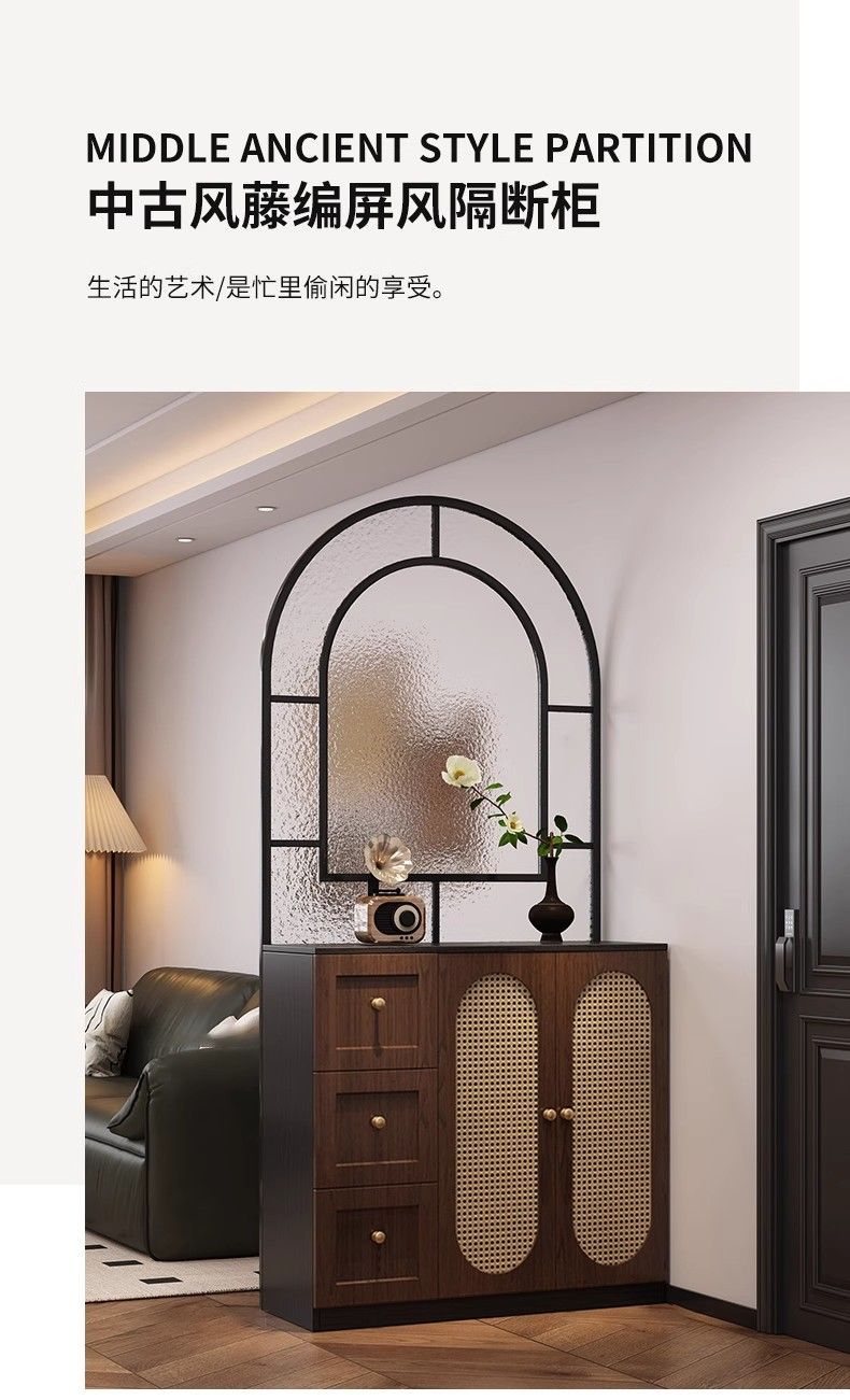 入戶玄關中古風鞋櫃換鞋凳一體客廳進門復古玻璃屏風隔斷櫃定製