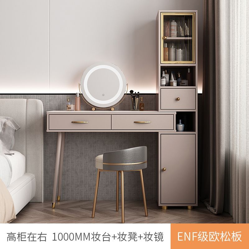 2024年新款輕奢巖板梳妝檯現代簡約儲物化妝桌伸縮收納一體香檳灰