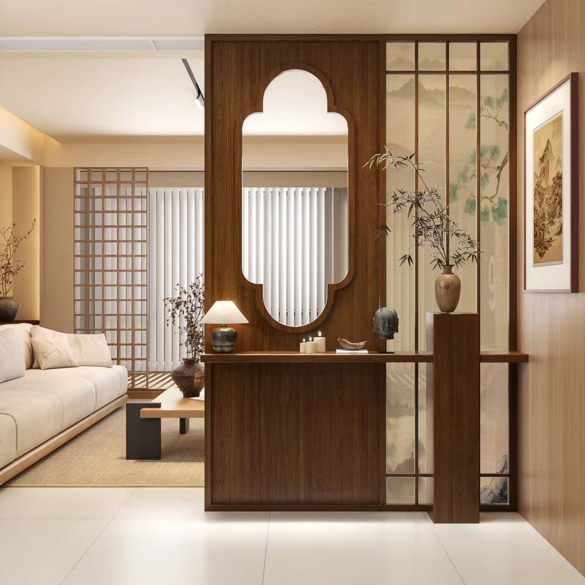 宋代美學屏風隔斷客廳入戶玄關遮擋新中式實木鏤空花窗茶室竹子