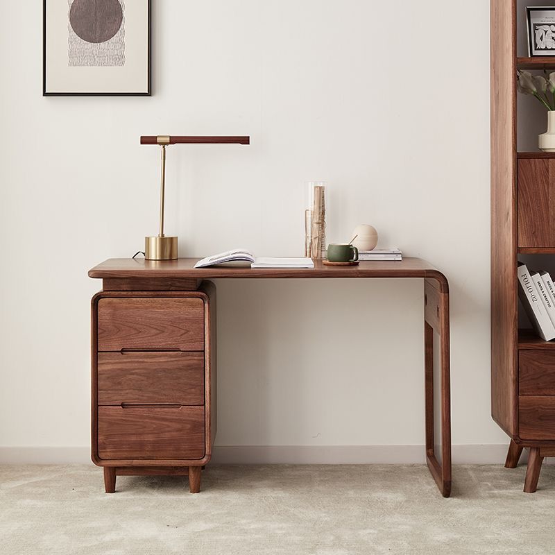 一體黑胡桃木書桌房間電腦桌網紅寫字檯書房全實木辦公桌新中式