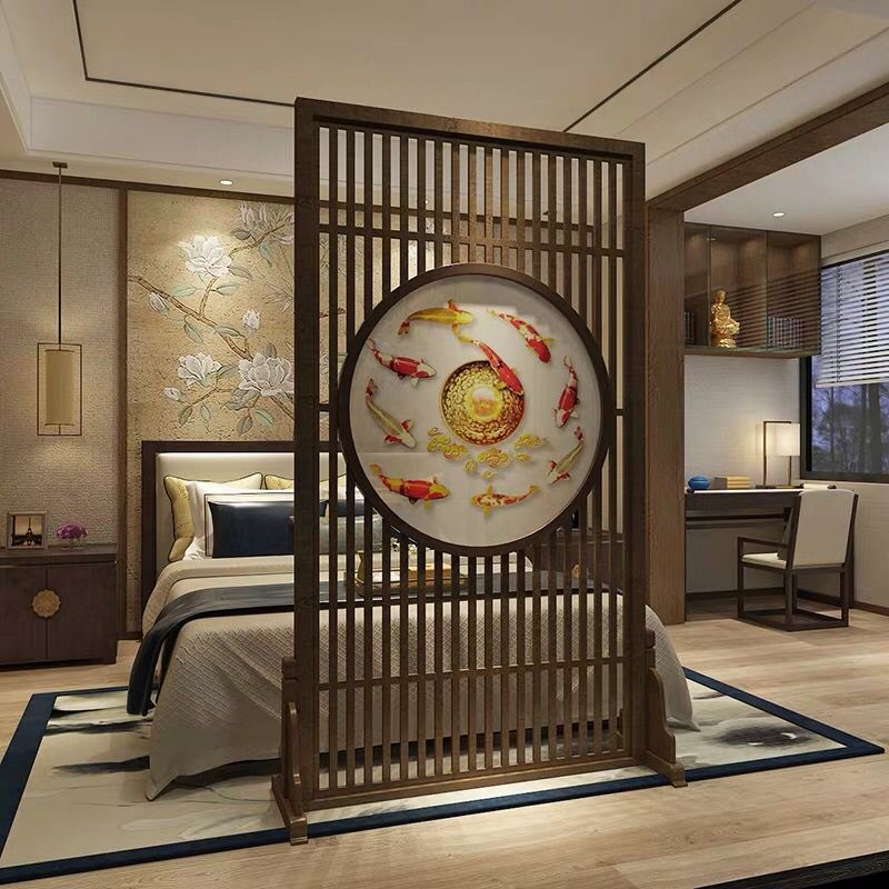 現代中式屏風客廳實木隔斷古典新中式鏤空座屏九魚聚財玄關裝飾牆