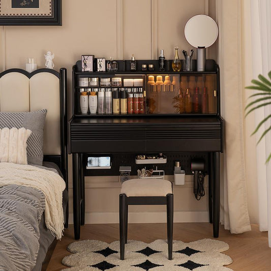 美式黑色梳妝檯臥室實木化妝桌新款復古小戶型牀頭鏡子可直銷
