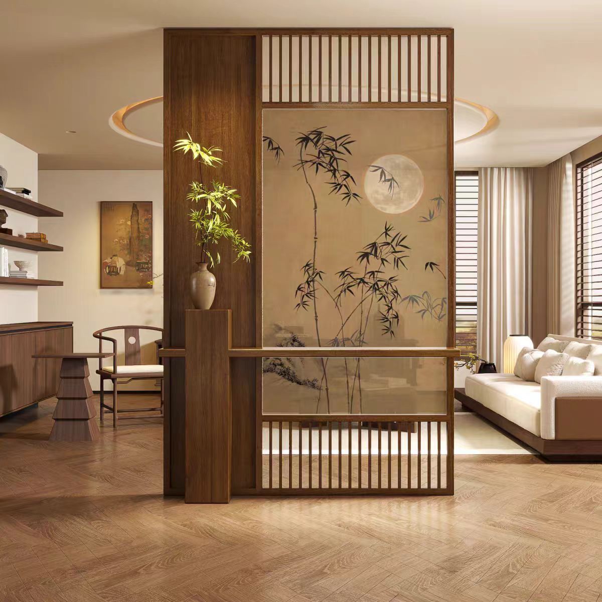 格柵隔斷屏風入戶玄關造景遮擋餐廳新中式宋代美學實木家用玄關