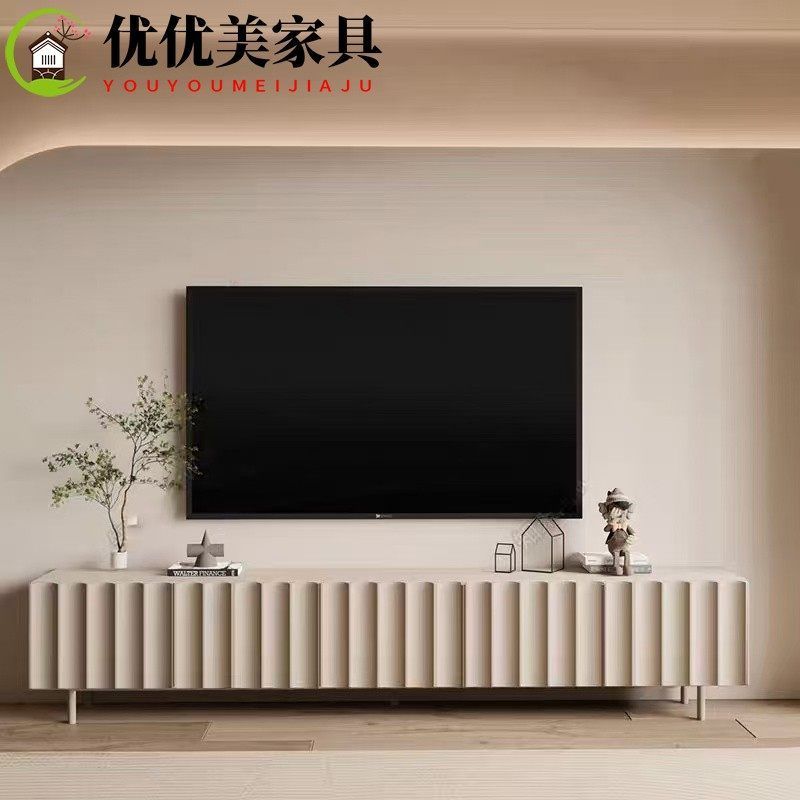 簡約現代極簡電視櫃奶油風法式儲物櫃地櫃北歐簡約電視櫃實木定製