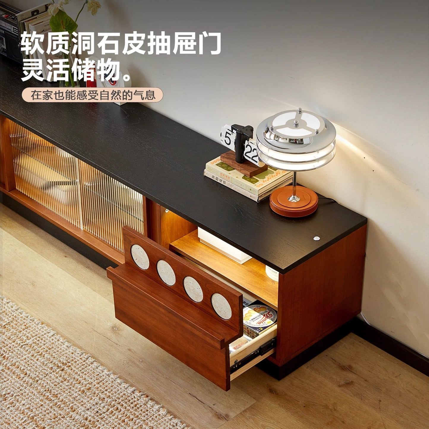 復古實木客廳電視櫃巖板面地櫃中古松木家用包豪斯落地櫃小戶型