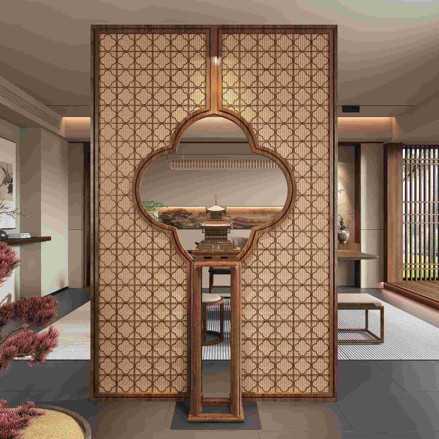 新中式實木屏風隔斷客廳玄關裝飾隔斷牆餐廳酒店背景牆格柵定製