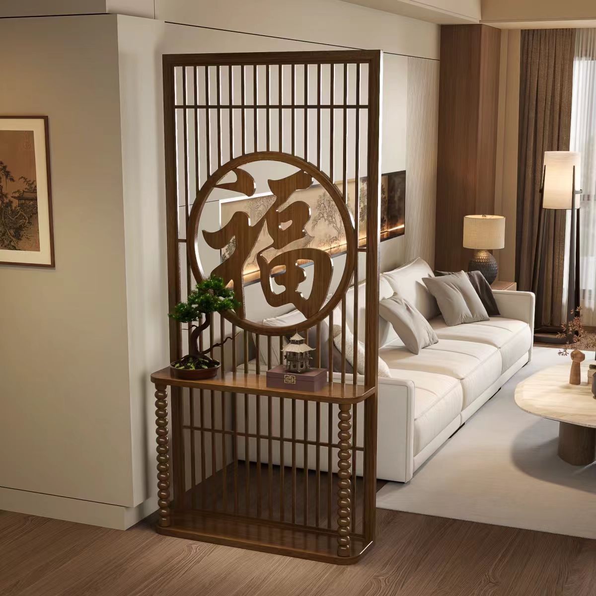 實木入戶門玄關屏風客廳福字沙發邊隔斷家用可移動新中式格柵遮擋