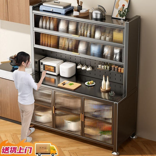 升级加长1200对开餐边柜橱柜落地多层置物架微波炉碗筷收纳柜储物
