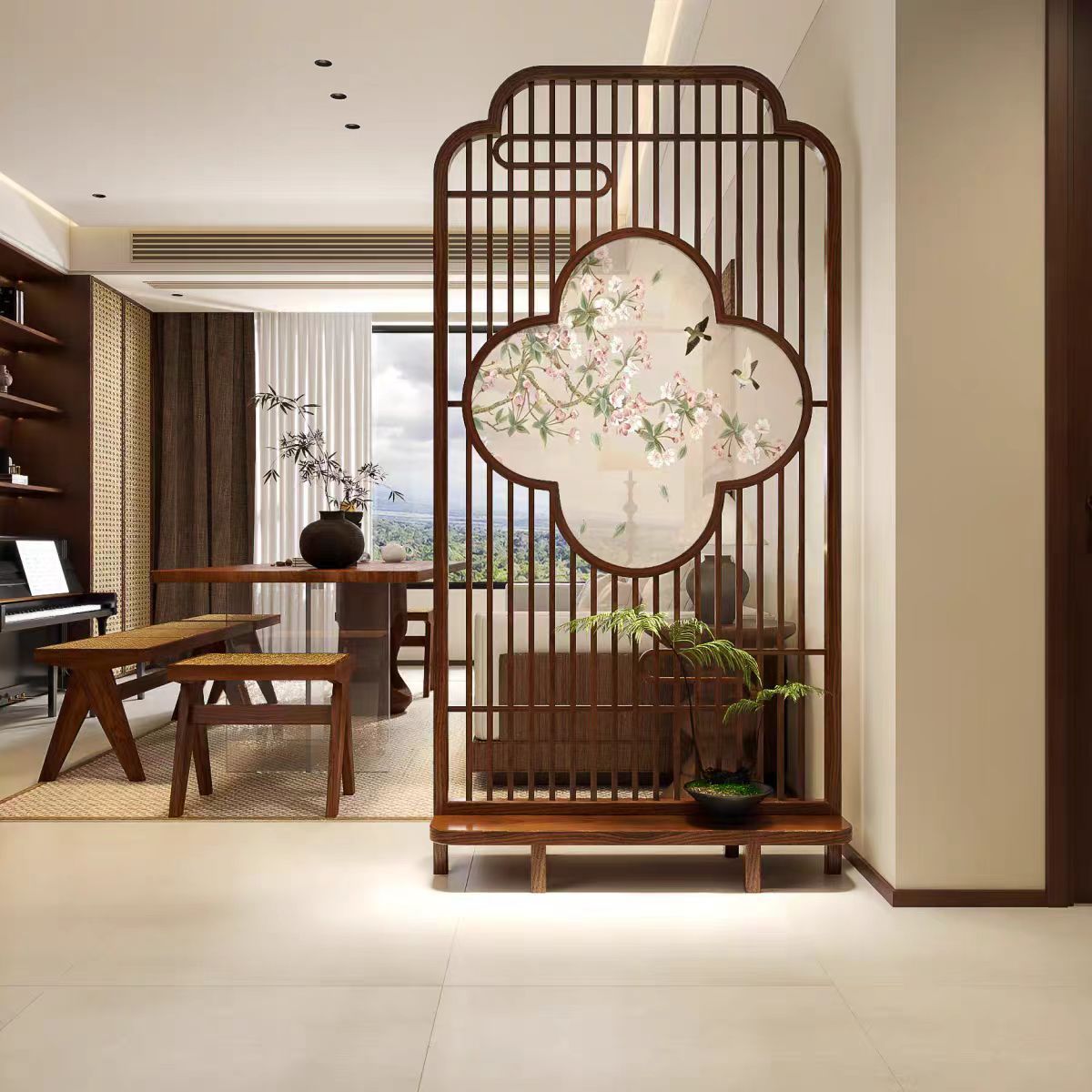 新款新中式可移動落地客廳屏風隔斷入戶門玄關實木格柵遮擋穿堂風