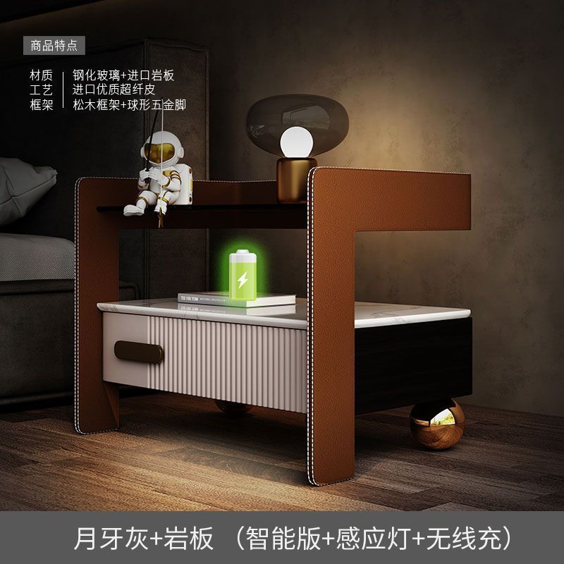 輕奢智能牀頭櫃巖板無線充電牀前櫃多功能感應燈簡約收納牀邊櫃