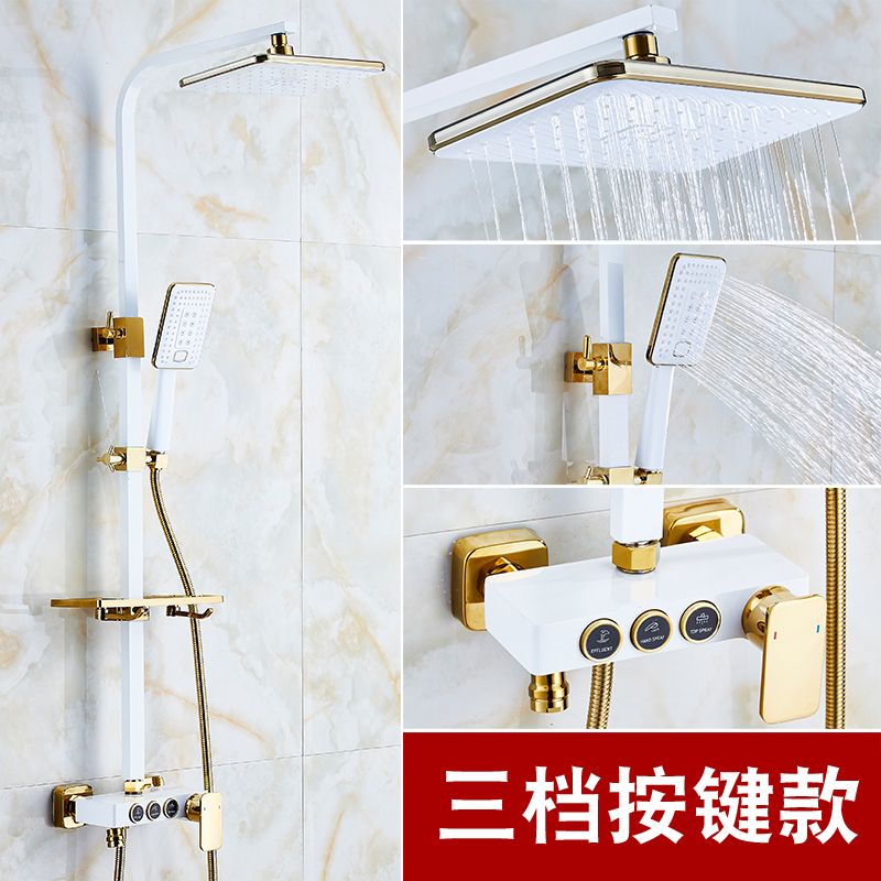 欧式浴室方形淋浴花洒水龙头套装防堵喷头冷热白金色全铜带喷枪