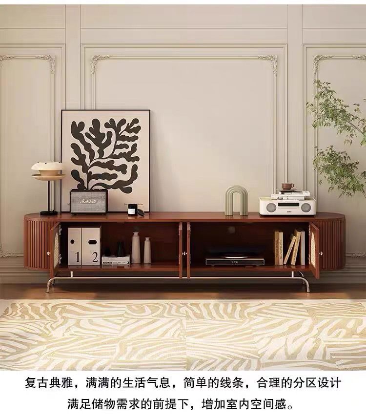 實木藤編茶几電視櫃復古小戶型客廳法式組合電視機儲物櫃落地家用