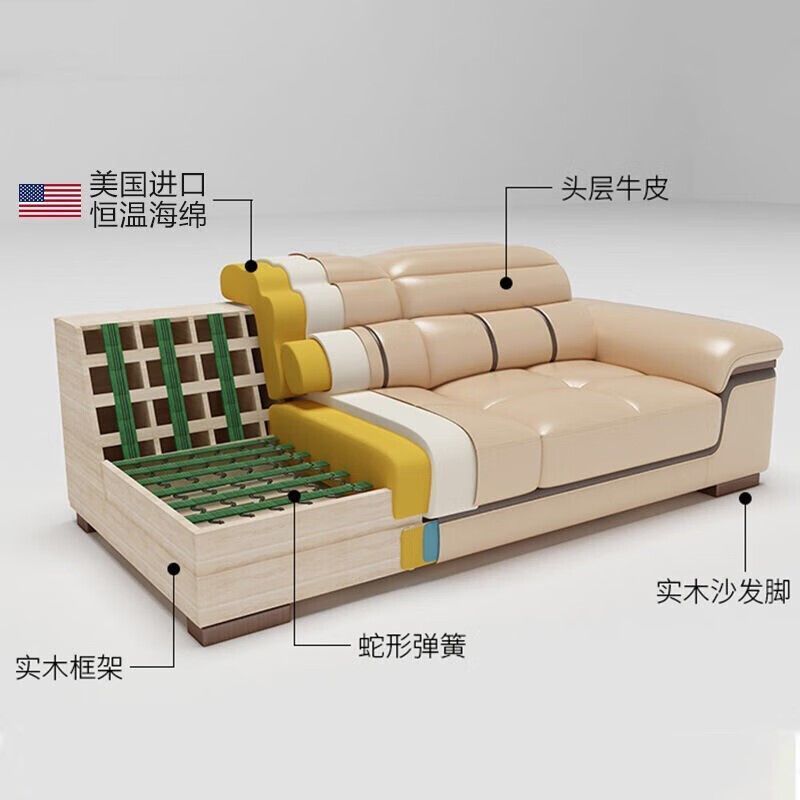 魯班02顏質主義真皮沙發客廳現代簡約頭層牛皮沙發貴妃沙發一整套家用