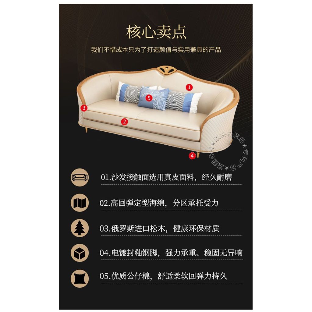 魯班02美式輕奢真皮沙發頭層牛皮三人位現代客廳意式奢華小戶型123組合